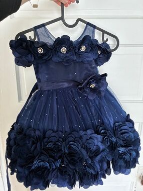 Elegant Navy Flower-Applique Girls' Party Dress, Ball Gown